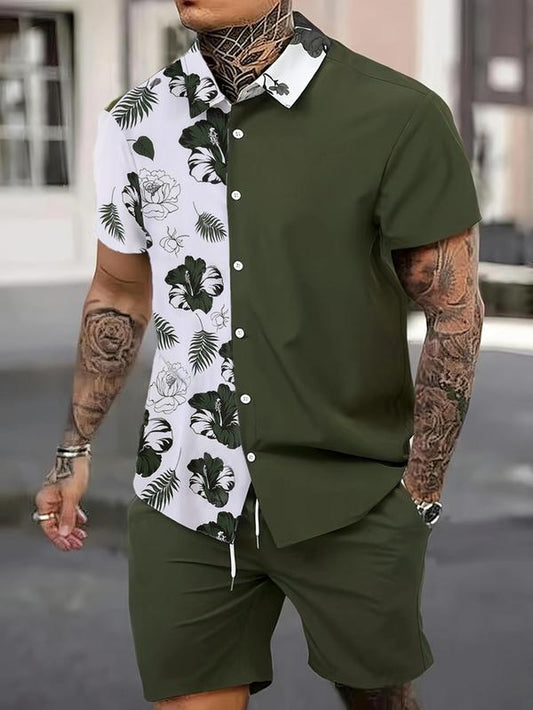 Two-Piece Set Men'S Regular Fit Colorblock Floral Print Back to School Shirt & Drawstring Pocket Shorts, Men'S Designer Outfits, Button Front Shirt & Elastic Waist Shorts, Boho Casual Men'S Two-Piece Outfits for Summer