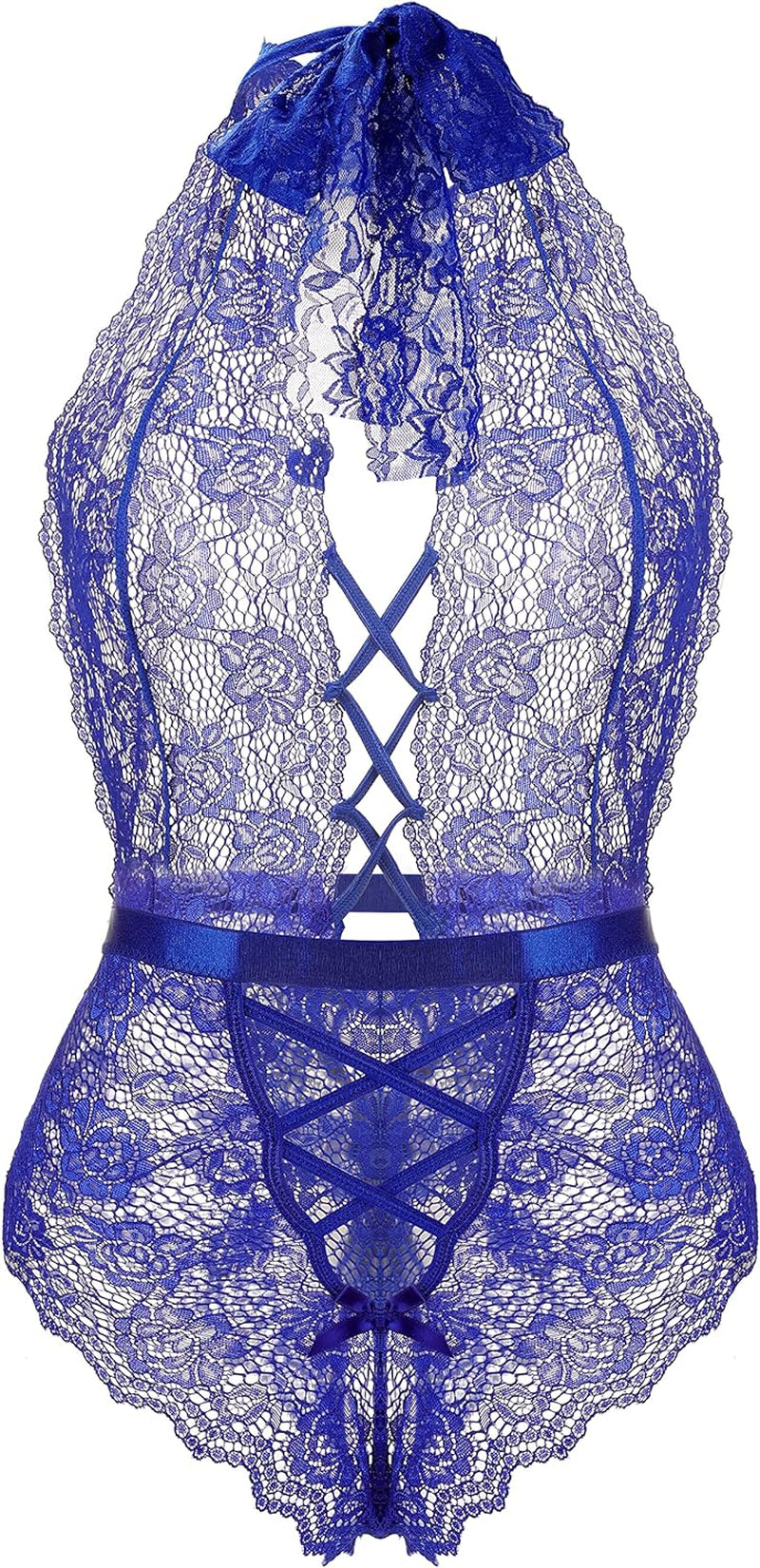 Plus Size Lingerie for Women Sexy Halter Teddy Bodysuit Lace Deep V One Piece Chemise Clubwear Blue,Xxl