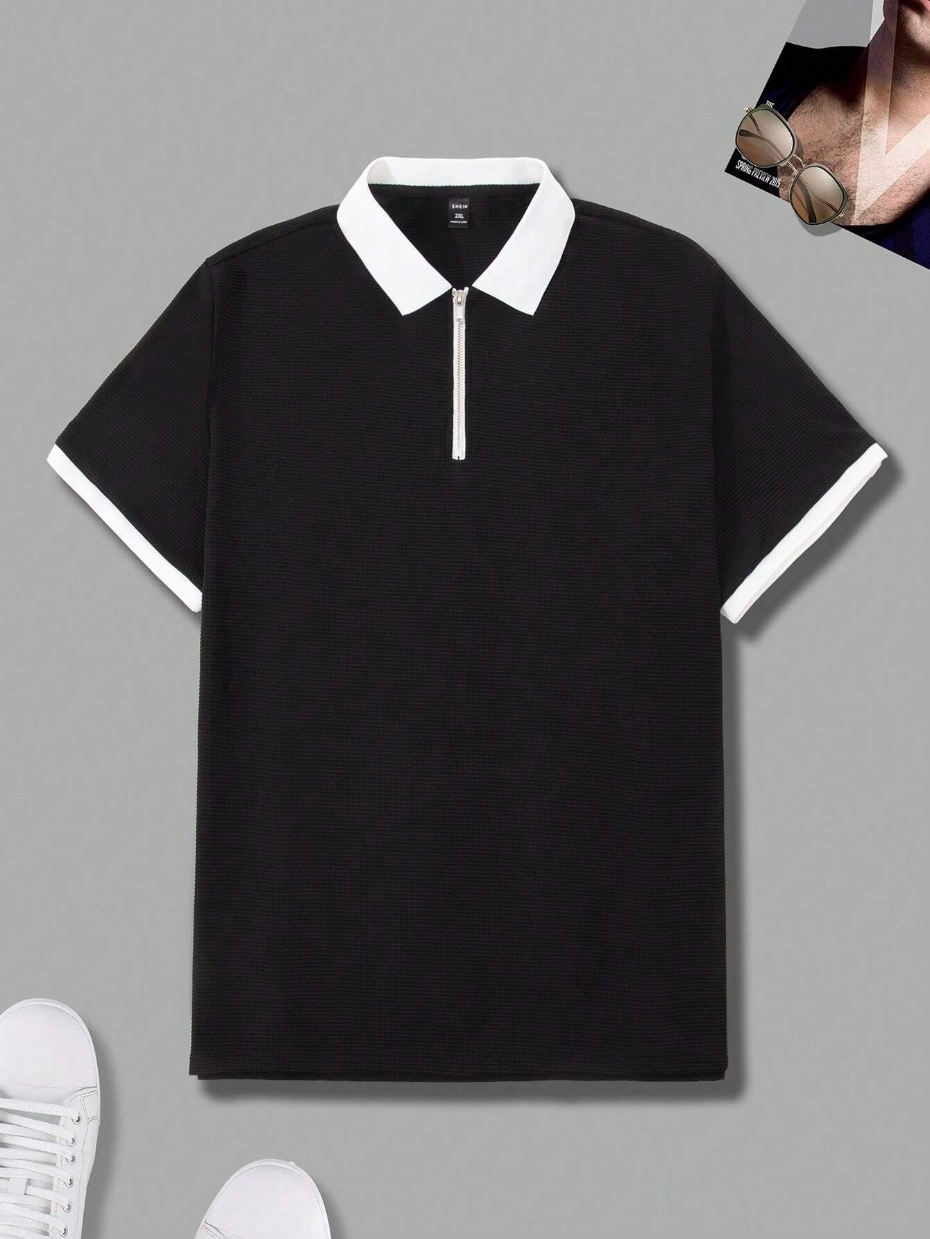 Manfinity Homme Men plus Contrast Trim Quarter Zip Polo Shirt for Summer