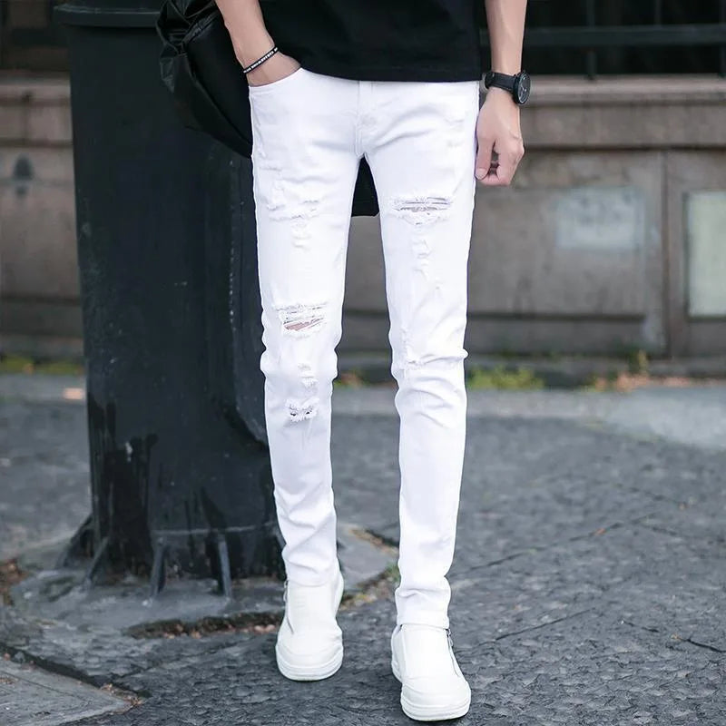 Korean Style Luxury Slim Fit Jeans for Men New Arrival High Street Fashion Ripped Denim Casual Classic White Trousers for Men