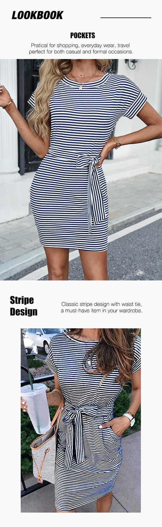 Women'S Comfy Dress Striped Short Sleeve T-Shirt Dress with Pocket, Crew Neck Tie Waist Dress for Ladies, Classic Summer Striped Dress, Belted Office Pencil Dresses, Comfy Daily Wear H9ESEMC6FK